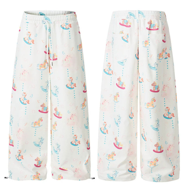 Women's Wide Palazzo Lounge Pants with Comfortable Waistband, Drawstring and Playful Rocking Horse Print Mune Fashion