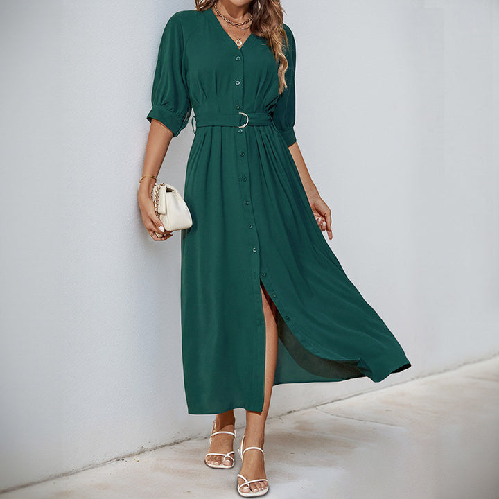 Women's midi dress with continuous button placket, V-neck and D-ring waist belt Mune Fashion