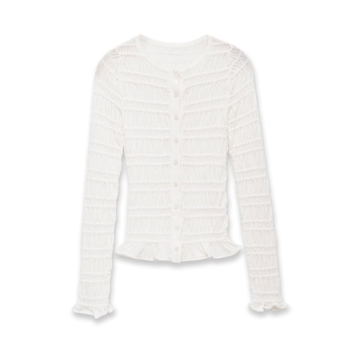 Women's Smocked Fine Knit Cardigan with Ruffle Hem and Button Placket Mune Fashion