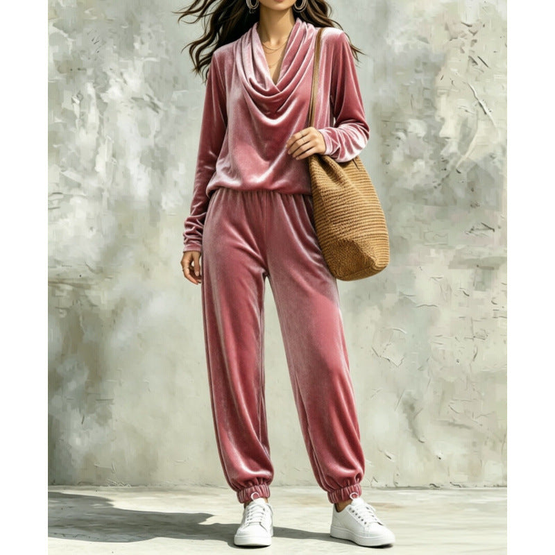 Women's Velvet Lounge Set with Waterfall Collar and Jogger Pants Mune Fashion