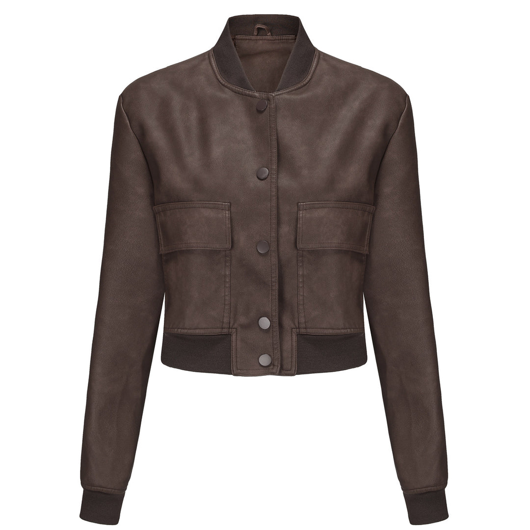 Women's short crop faux leather jacket in blouson style with snap front and flap pockets Mune Fashion