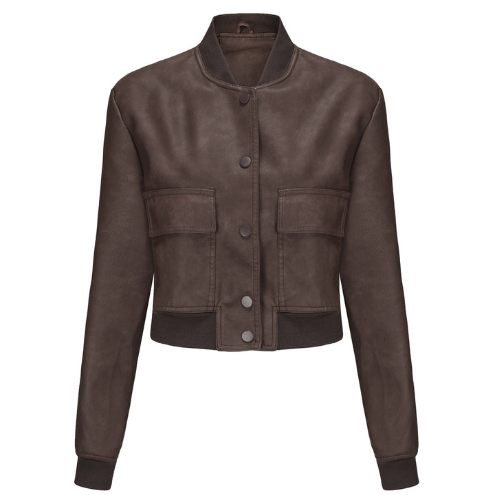 Women's short crop faux leather jacket in blouson style with snap front and flap pockets Mune Fashion