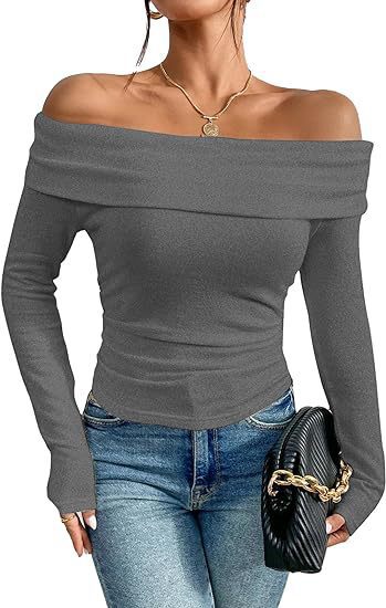 Women's Figure-hugging Off-shoulder Long Sleeve Fine Knit Shirt with Bardot Neckline