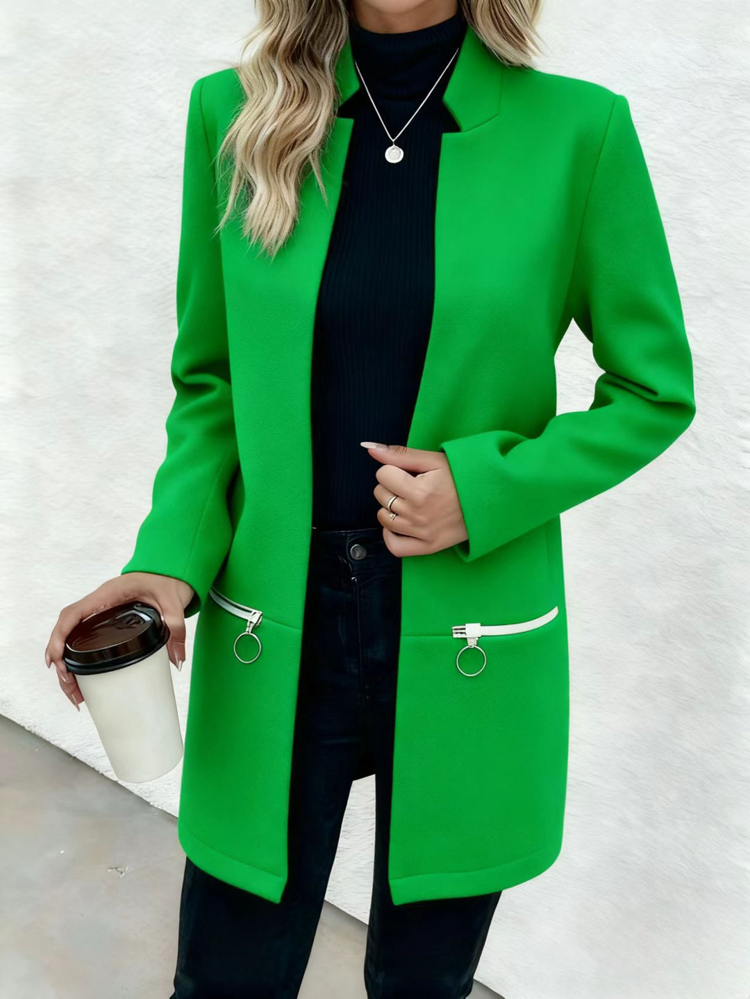 Women’s box coat with herringbone structure, slim stand-up collar and decorative zip pockets Drune