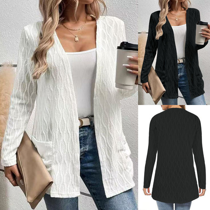 Women's open cardigan with structured wave pattern and patch pockets Mune Fashion