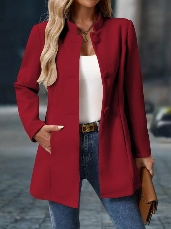 Women's Stand Collar Coat Jacket with Concealed Button Placket and Side Pockets Mune Fashion