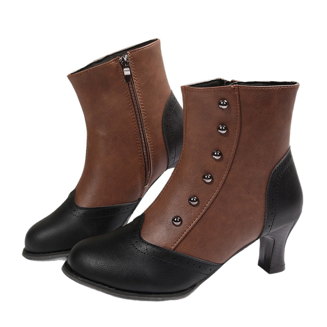 Women's Vintage Ankle Boot with Brogue Tip, Side Zipper and Mid-High Heel Mune Fashion