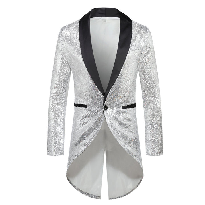 Men's sequin tuxedo jacket with shawl collar satin trim and curved swallowtail Mune Fashion