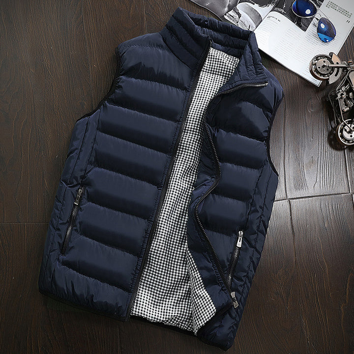 Men's Sleeveless Lightweight Padded Waistcoat with Thermal Lining, Stand Collar, and Checked Inner Lining Mune Fashion