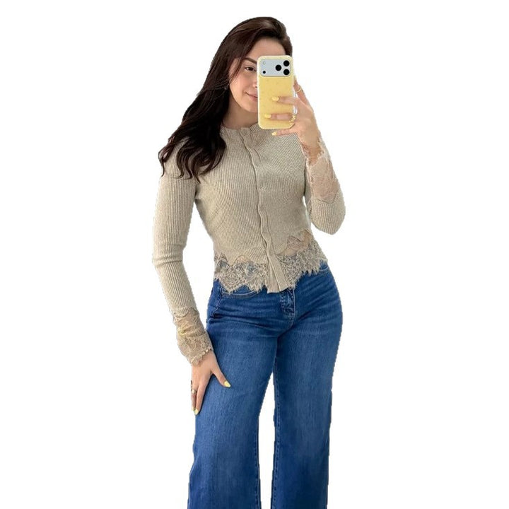 Women's Short Ribbed Knit Cardigan with Crochet Lace Trim & Delicate Button Placket Mune Fashion