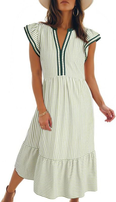 Women’s Maritime Midi Dress with Vertical Stripes, V-Neck and Ruffle Tier Mune Fashion