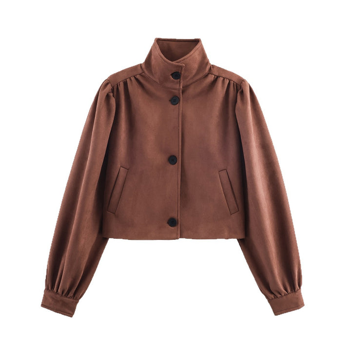Women's short-cut suede-look jacket with stand-up collar, balloon sleeves, and pocket flaps Mune Fashion