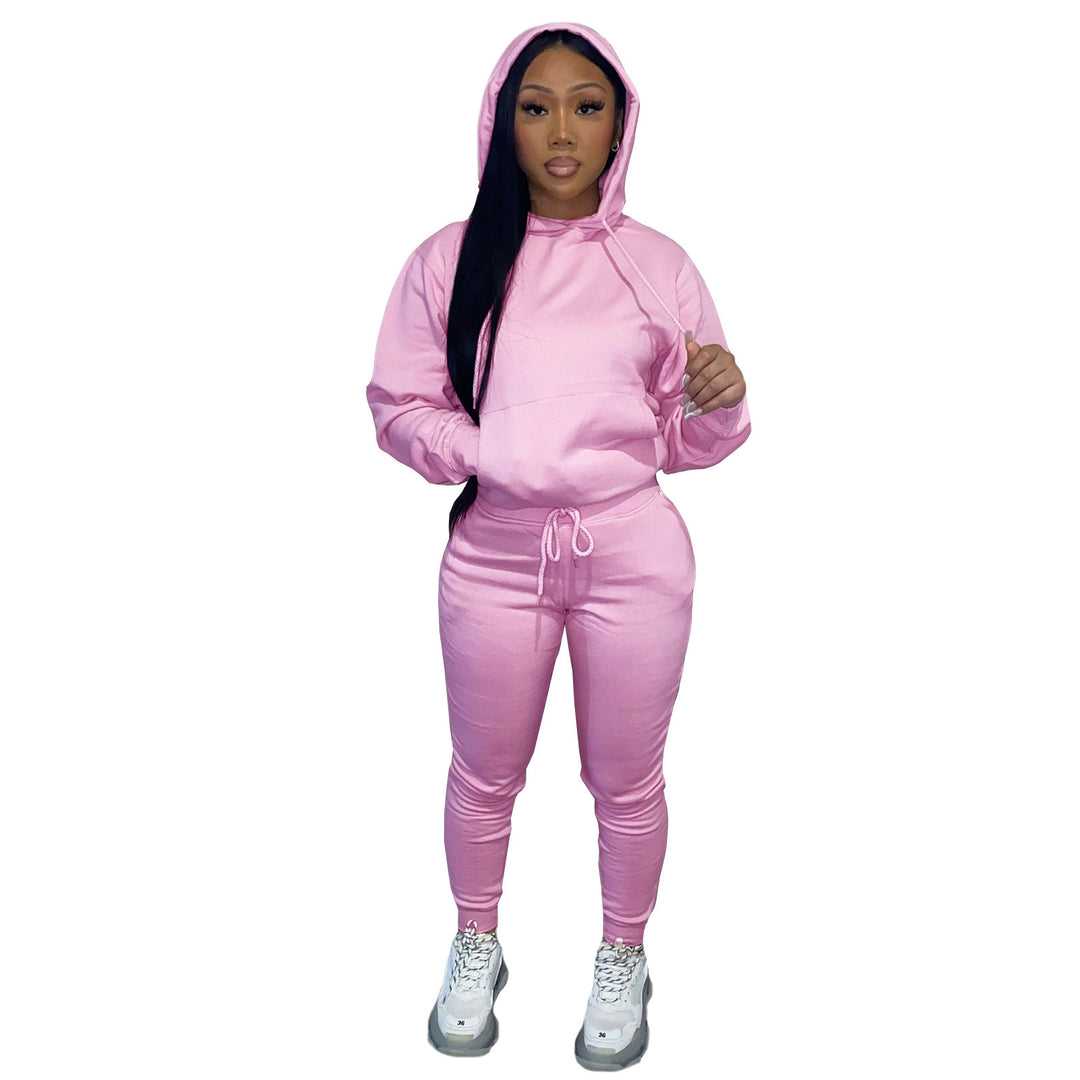 Women's Hooded Lounge Set with Kangaroo Pocket Tailored Jogging Pants and Cuffs Mune Fashion
