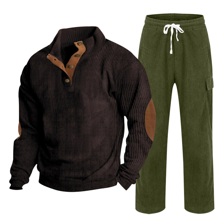 Men's Cozy Leisure Set made of Waffle Knit Henley with Elbow Patch and Relax Cargo Pants Mune Fashion