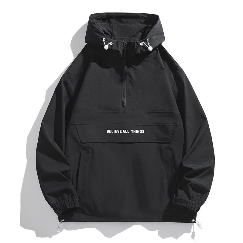 Men's hooded anorak with half zipper, kangaroo pocket and adjustable hem Mune Fashion