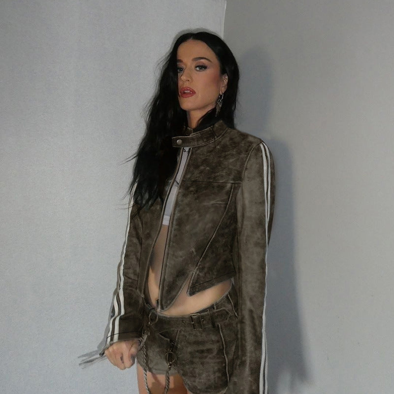 Women Short Cut Biker Jacket Made of Vintage-Look Faux Leather Mune Fashion