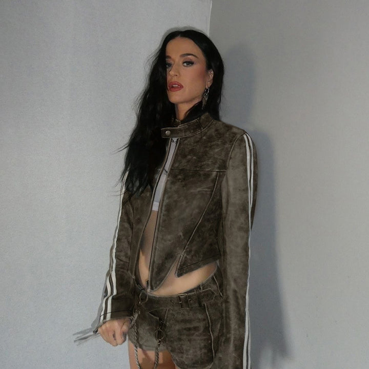 Women Short Cut Biker Jacket Made of Vintage-Look Faux Leather Mune Fashion