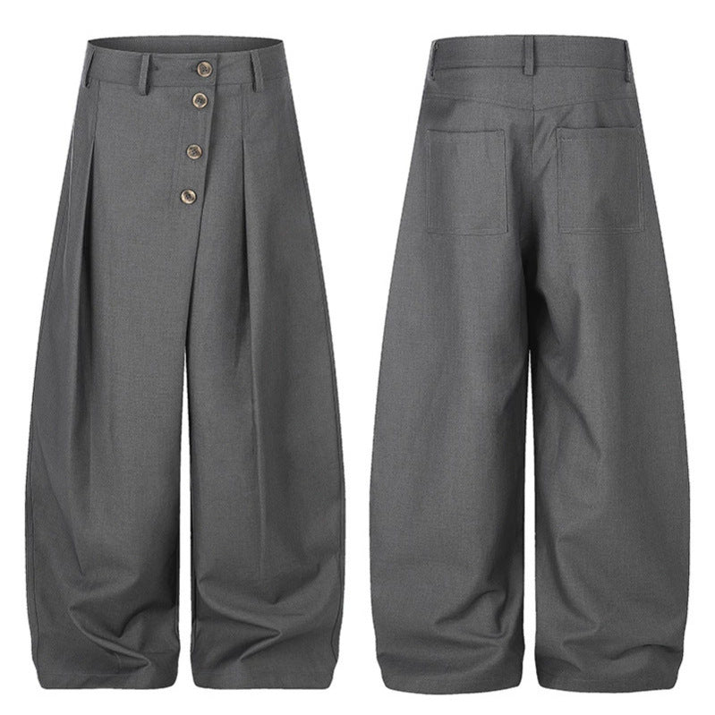 Women's Wide Palazzo Pants with High Waist, Pleats and Asymmetrical Button Placket Mune Fashion
