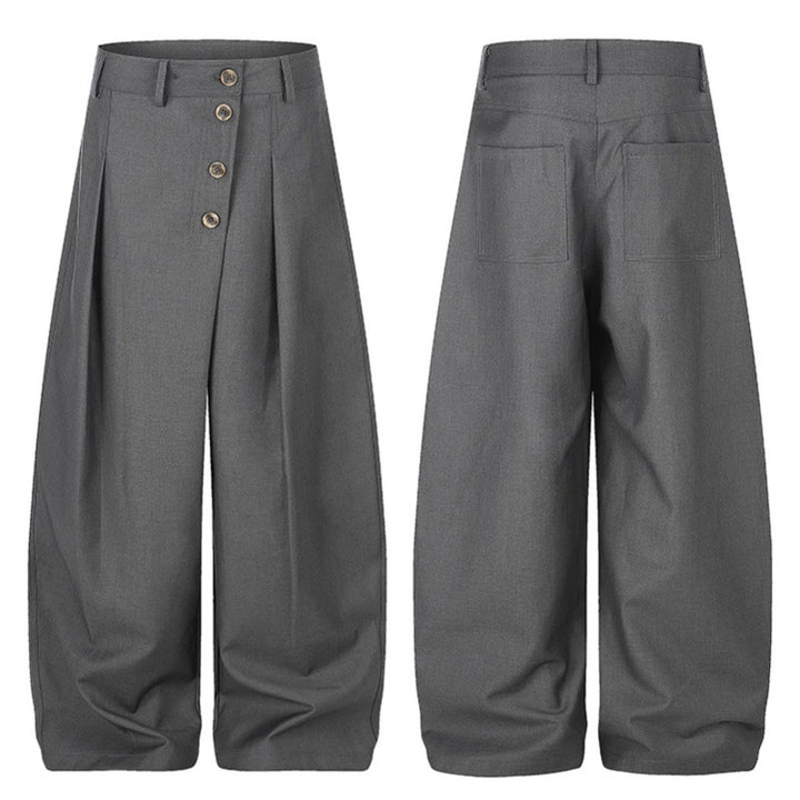 Women's Wide Palazzo Pants with High Waist, Pleats and Asymmetrical Button Placket Mune Fashion