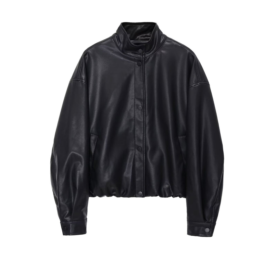 Women's short PU leather bomber jacket with stand-up collar, snap button placket, and elastic hem Mune Fashion