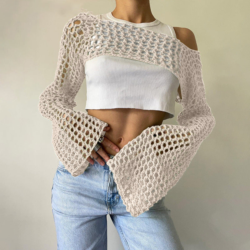Women's Crocheted Long Sleeve Top with Off-Shoulder Design Mune Fashion