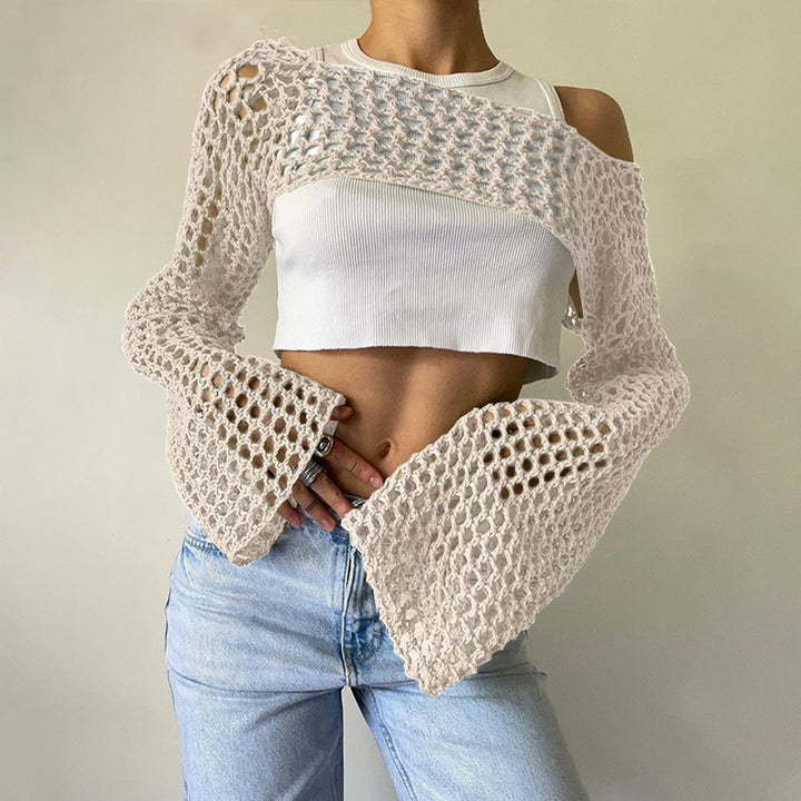 Women's Crocheted Long Sleeve Top with Off-Shoulder Design Mune Fashion