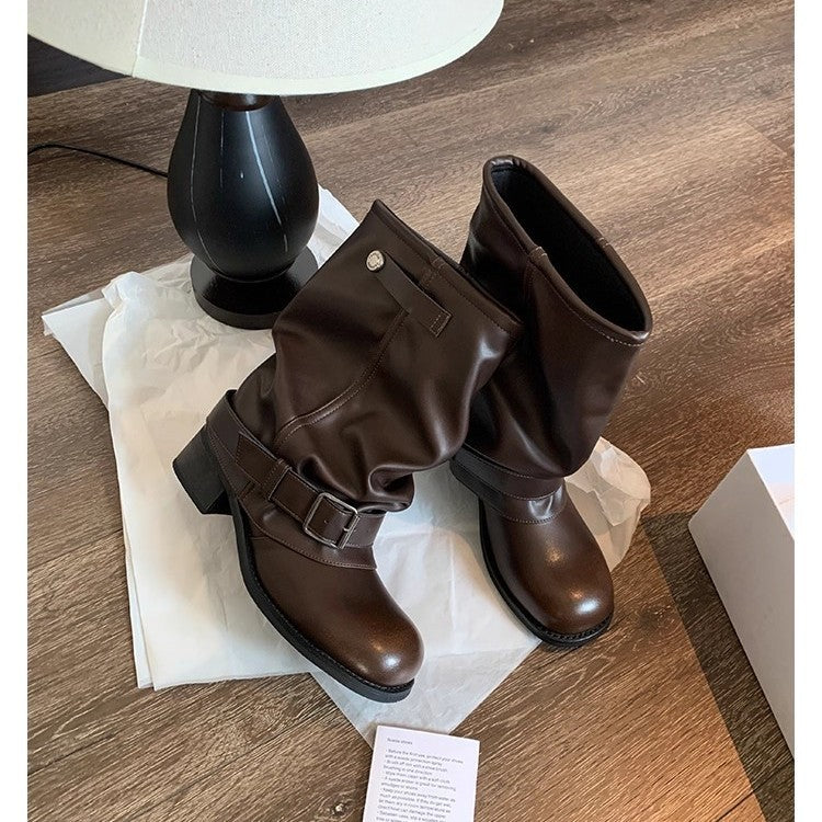 Women's Mid-Calf Biker Boots made of Smooth Leather with Adjustable Buckle Strap Mune Fashion