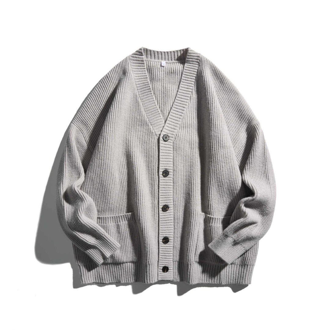 Women's Oversized Ribbed Knit Cardigan with V-Neck and Patch Pockets Mune Fashion