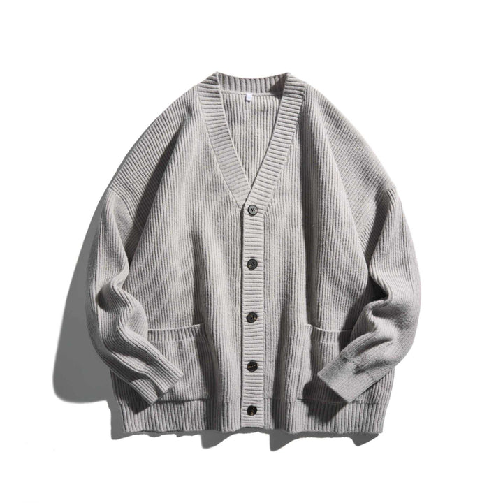 Women's Oversized Ribbed Knit Cardigan with V-Neck and Patch Pockets Mune Fashion