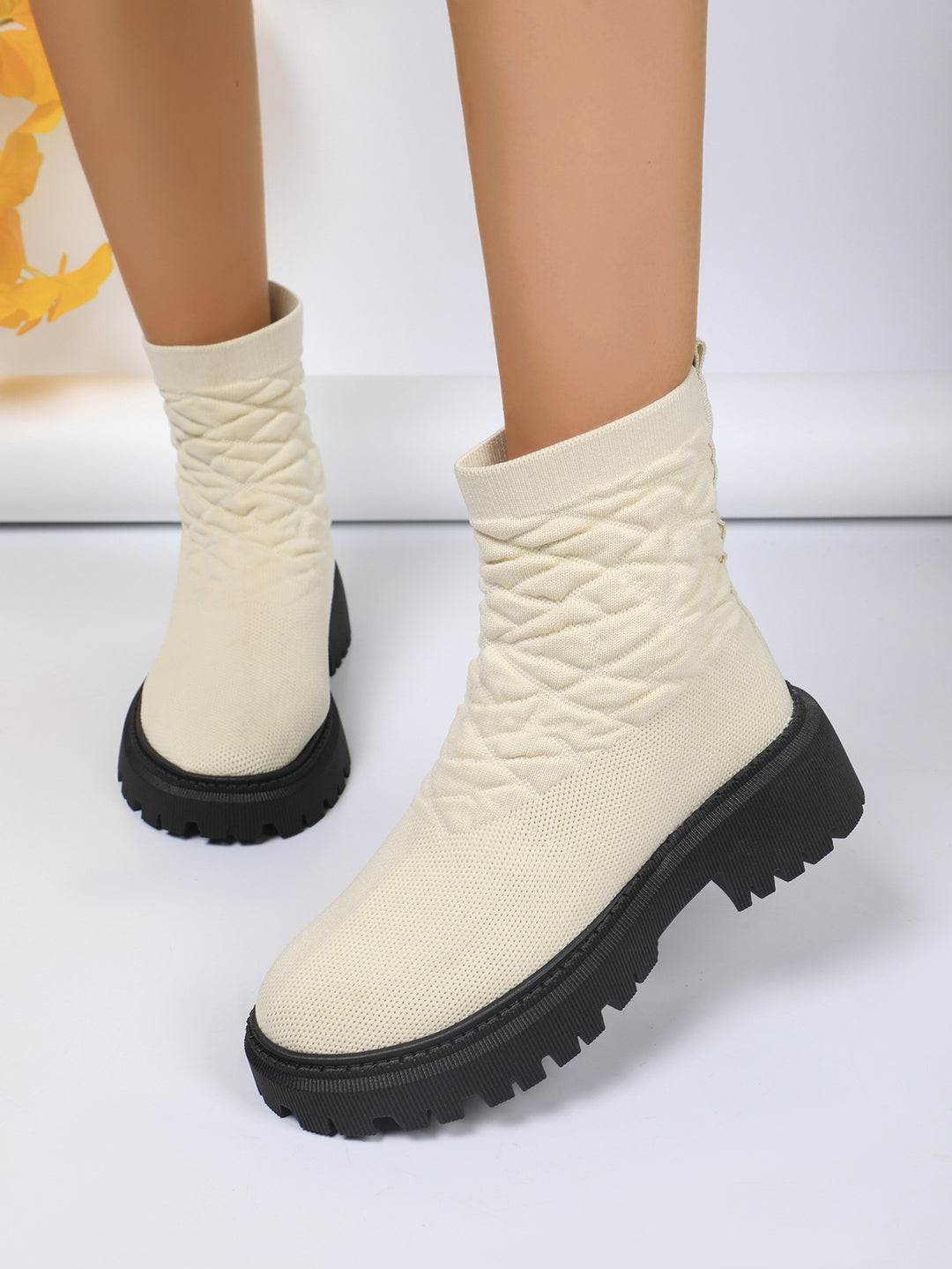 Women's knitted sock boots with geometric quilted look and chunky lug sole Mune Fashion