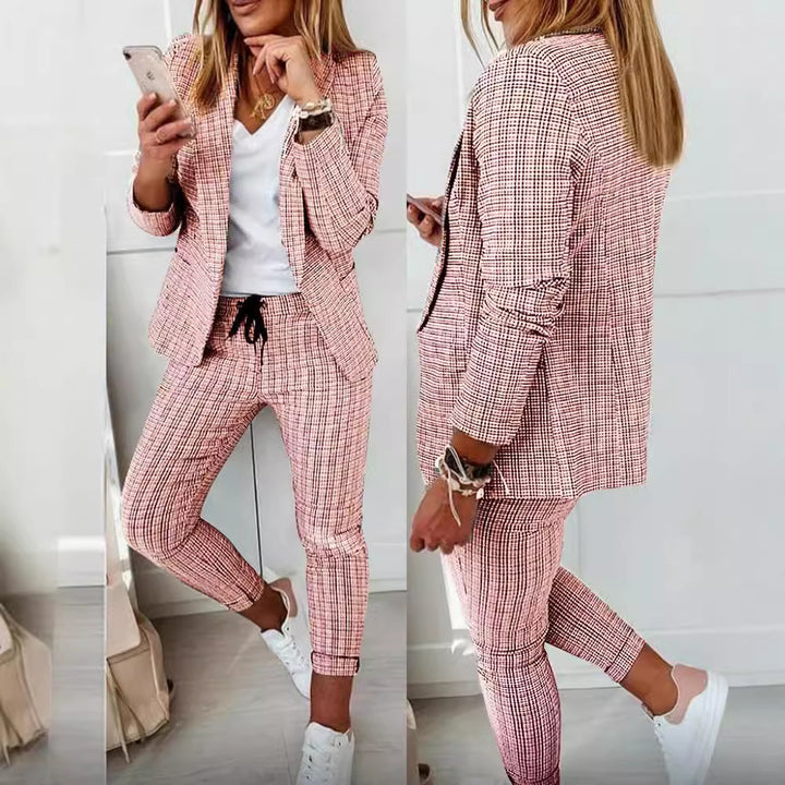 Women's two-piece checkered blazer and slim-fit jogging pants with drawstring Mune Fashion