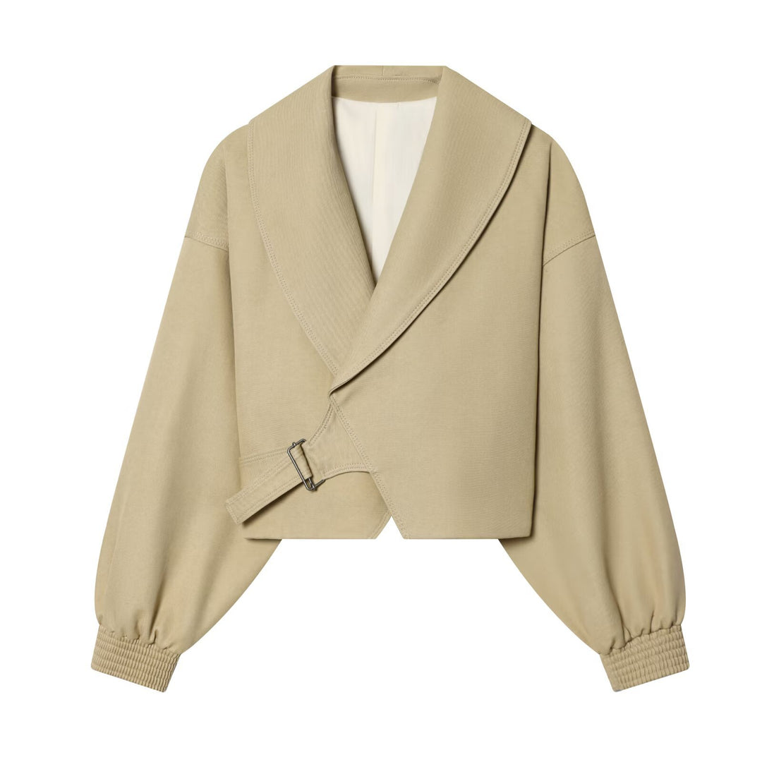 Women's Cropped Wrap Jacket with Large Shawl Collar, Belt and Balloon Sleeves Mune Fashion