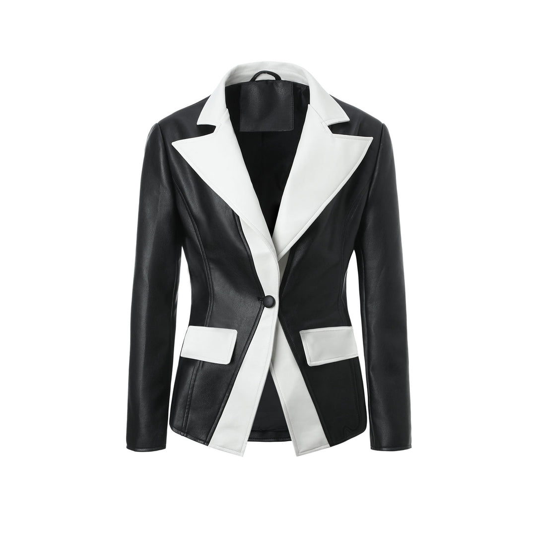 Women's contrast blazer made of faux leather with pointed lapels and tailored fit Mune Fashion