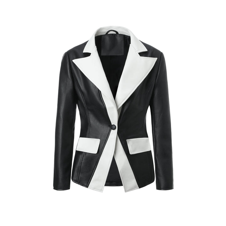 Women's contrast blazer made of faux leather with pointed lapels and tailored fit Mune Fashion