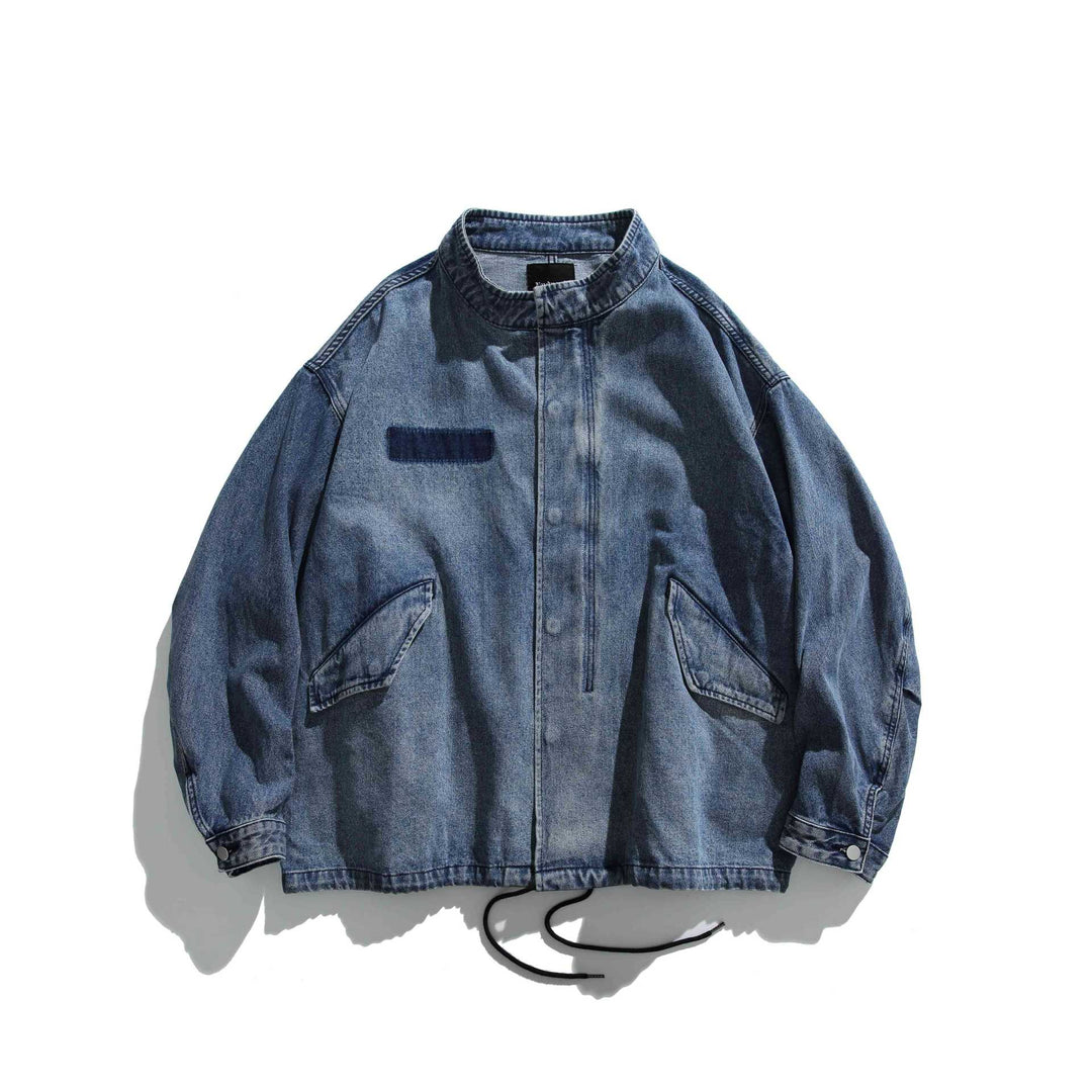 Unisex Short Cut Denim Utility Blouson with Stand Collar and Drawstring Mune Fashion