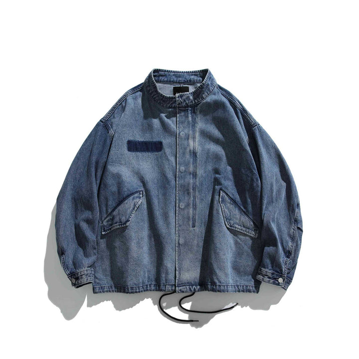 Unisex Short Cut Denim Utility Blouson with Stand Collar and Drawstring Mune Fashion