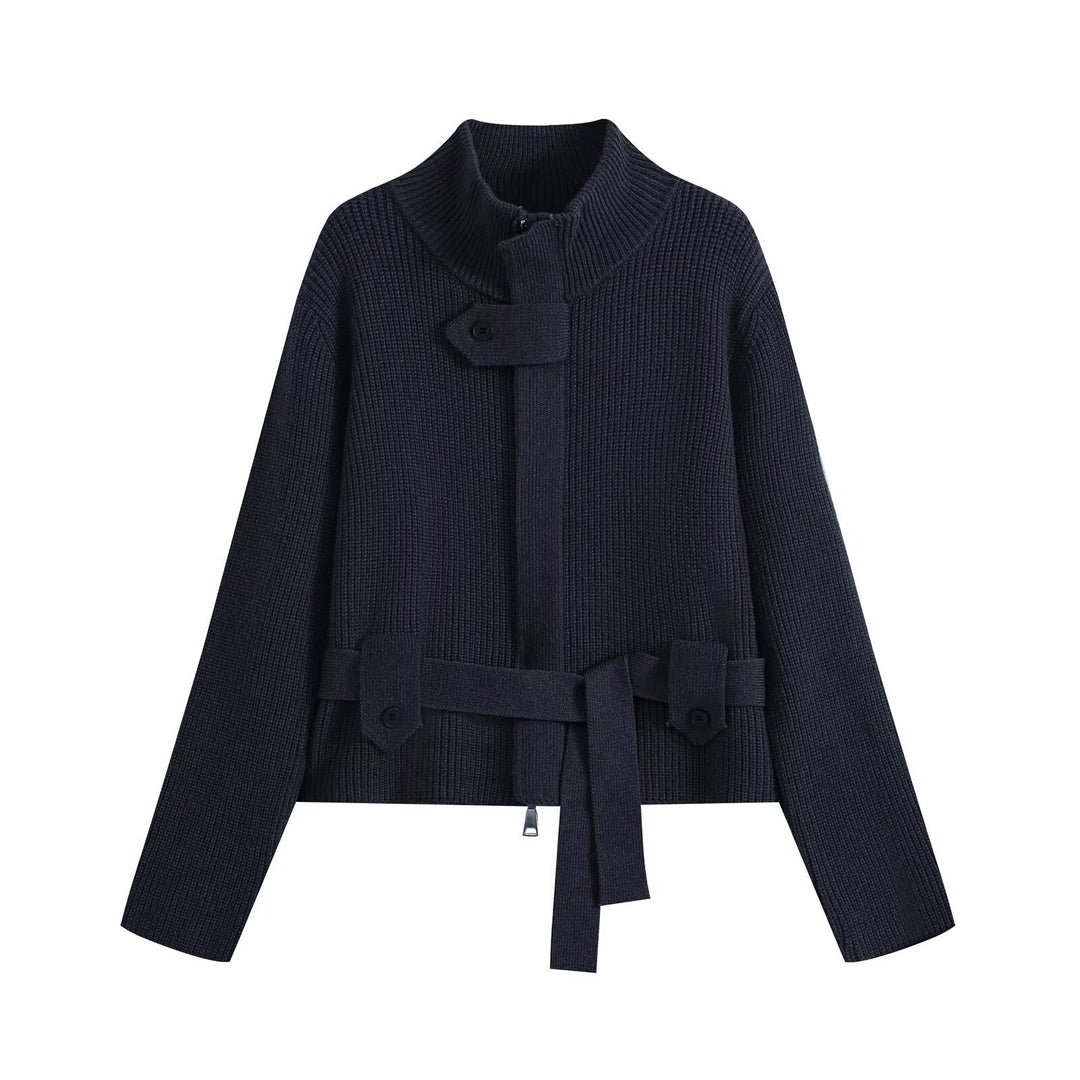 Ladies Short Knitted Tailored Cardigan with Stand-up Collar and Waist Belt Drune