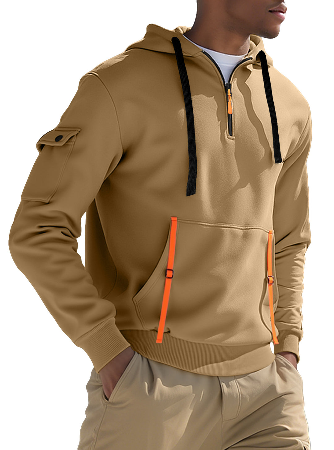 Men's Nano Urban Tech Hooded Half-Zip Pullover with Utility Arm Pocket, Kangaroo Pocket, and Adjustable Zipper Tapes Mune Fashion