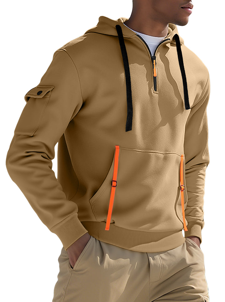 Men's Nano Urban Tech Hooded Half-Zip Pullover with Utility Arm Pocket, Kangaroo Pocket, and Adjustable Zipper Tapes Mune Fashion