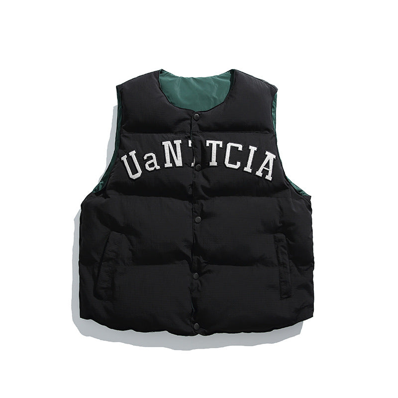 Unisex Padded Quilted Vest in Boxy Cut with Snap Button Closure and College Logo Print Mune Fashion