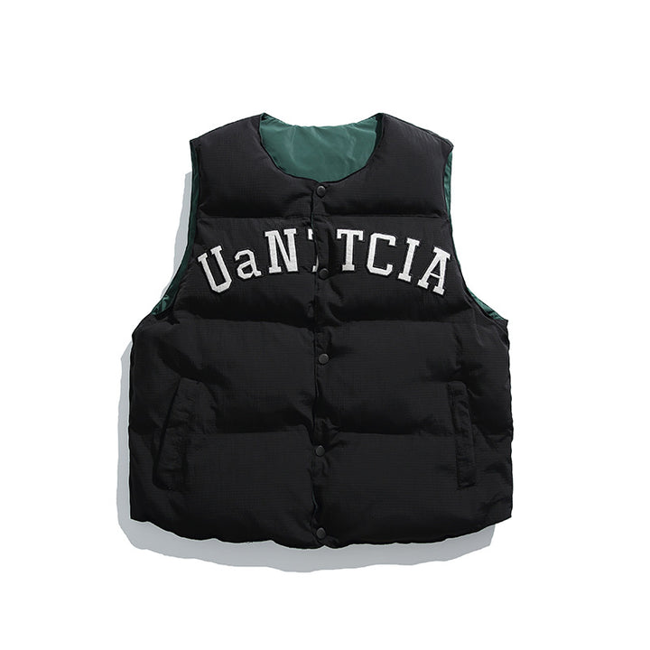 Unisex Padded Quilted Vest in Boxy Cut with Snap Button Closure and College Logo Print Mune Fashion