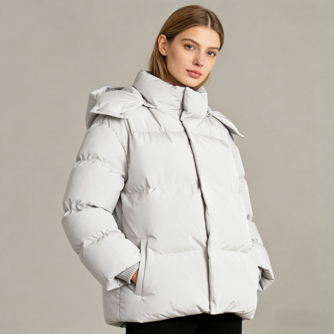 Women's Padded Oversized Quilted Jacket with Hood and High Stand Collar Mune Fashion