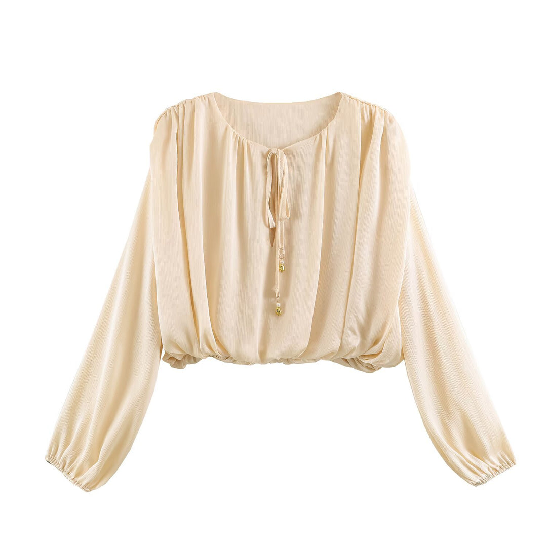 Women's airy Boho Carmen blouse with drawstring, wide balloon sleeves, and elastic hem Mune Fashion