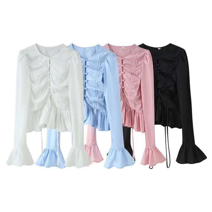 Ladies ruffle blouse with drawstring, flounce hem and bell sleeves Mune Fashion
