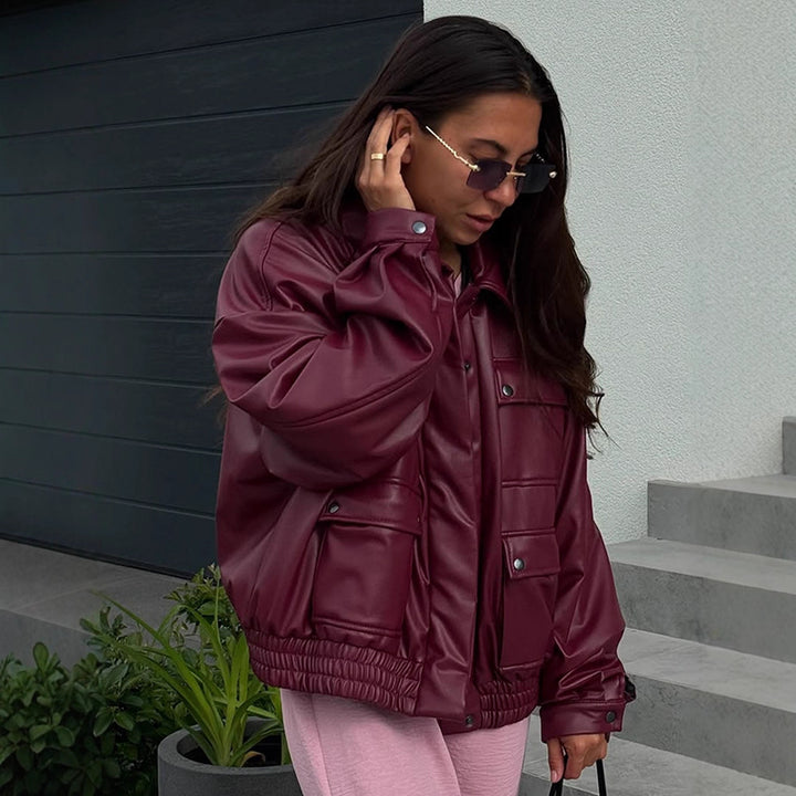 Women Oversized Faux Leather Jacket with Placket Snap Pockets and Elastic Hem Mune Fashion
