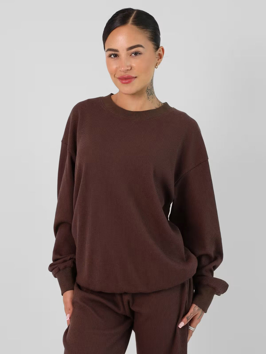 Ladies Waffle Knit Loungewear Set with Oversized Sweater and Drawstring Jogging Pants Mune Fashion