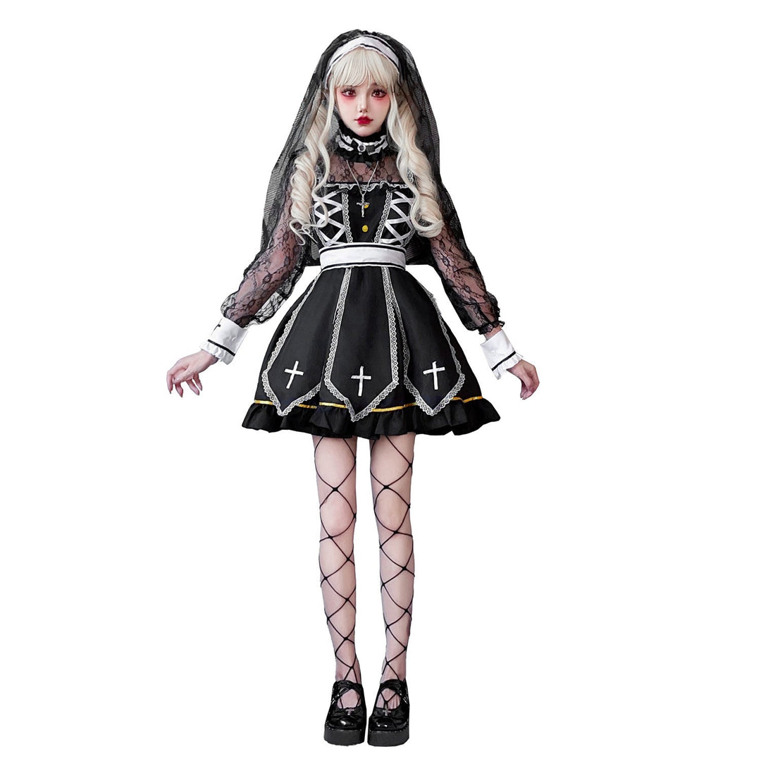Women's Gothic Bridal Costume with Lace Sleeves and Elaborate Ruffles Mune Fashion