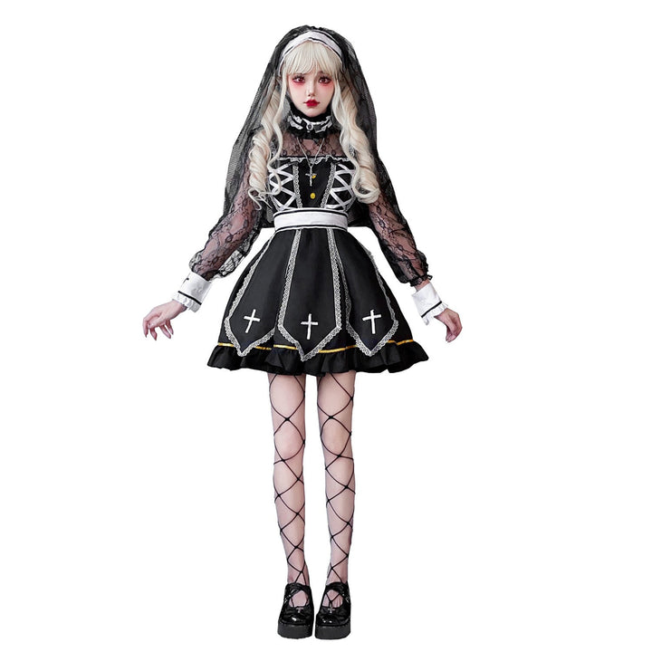 Women's Gothic Bridal Costume with Lace Sleeves and Elaborate Ruffles Mune Fashion