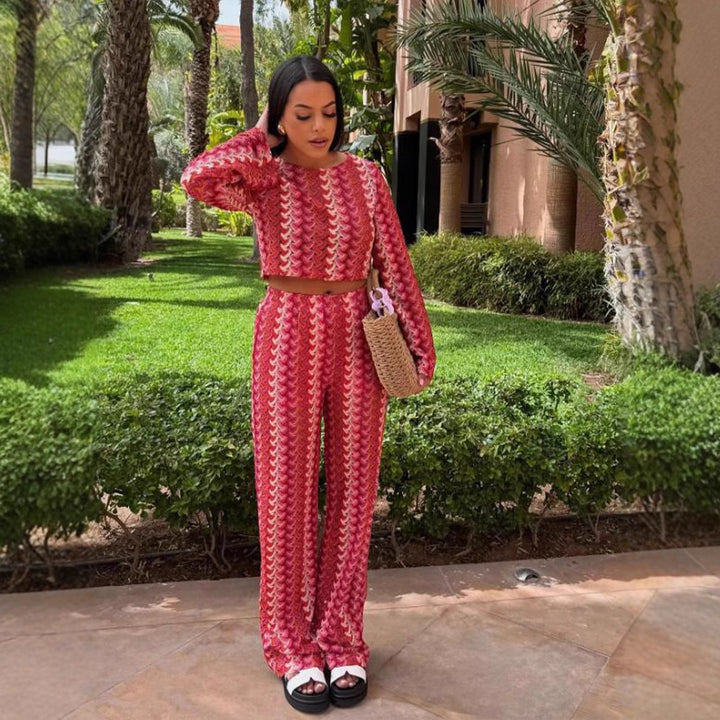 Women's Crocheted Two-Piece Lounge Set with Short Sweater and High-Waisted Palazzo Pants Mune Fashion