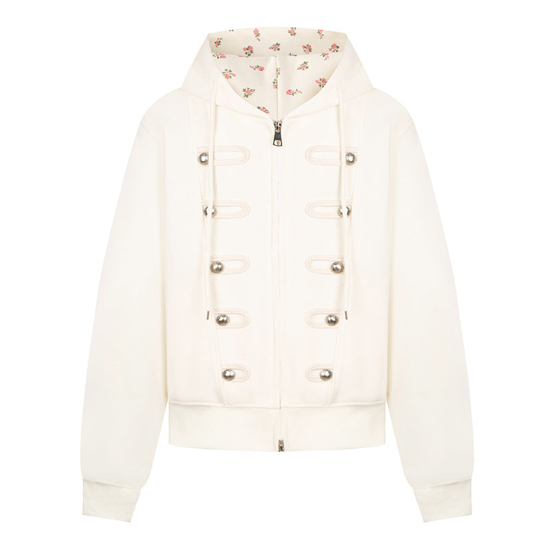 Women's hooded sweat jacket with decorative loops and metal button details Mune Fashion